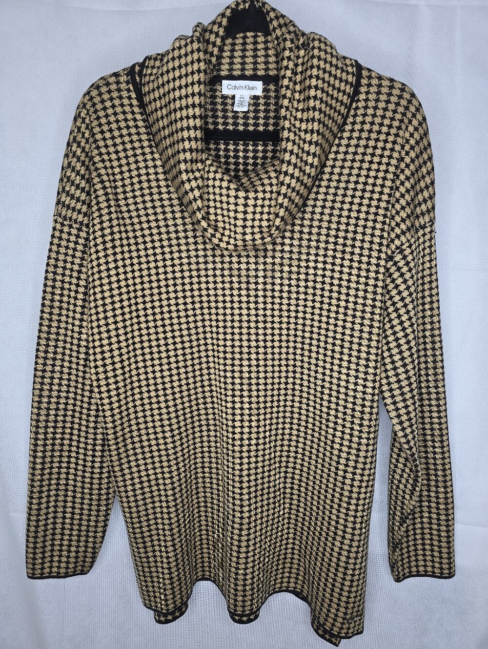 Calvin Klein Houndstooth Tunic Top Black Tan Knit Cowl Neck Sleeve Retro L